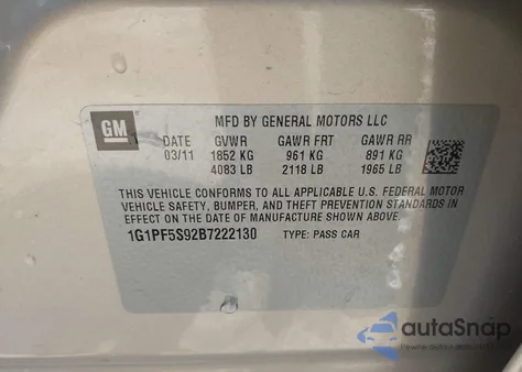 2011 Chevrolet Cruze 1Lt from USA, damaged, VIN 1G1PF5S92B7222130